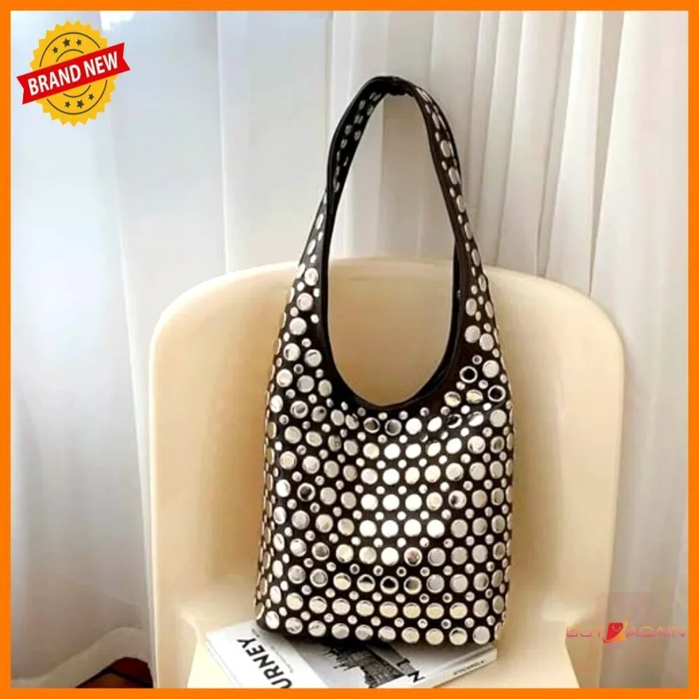 Studded Hobo Shoulder Bag PU Leather Small Tote Magnetic Closure